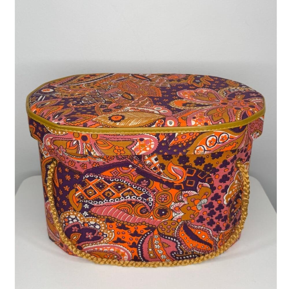 1960s Psychedelic Paisley Wig Case Hat Box Vanity Storage Mod Orange Pink - Picture 10 of 16